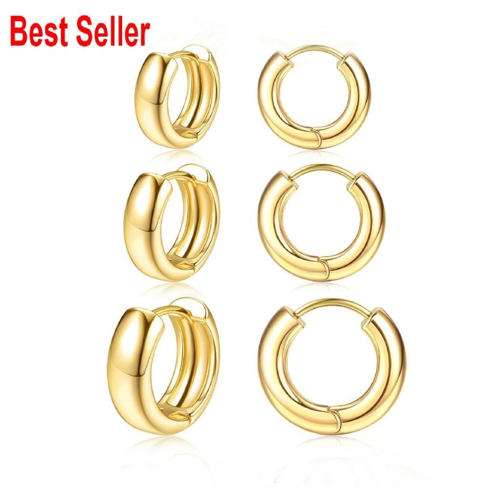 Chunky 14K Gold Plated Hoop Earrings Set Hypoallergenic Elegant Minimal